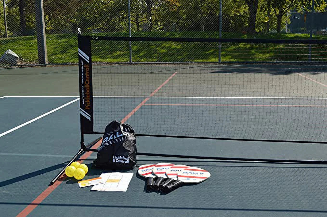 Rally Meister Complete Beginner Pickleball Set with Portable Pickleball Net (Net + 4 Paddles + 4 Pickleballs + Drawstring Bag + Rules/Strategy Guide + Line Chalk)